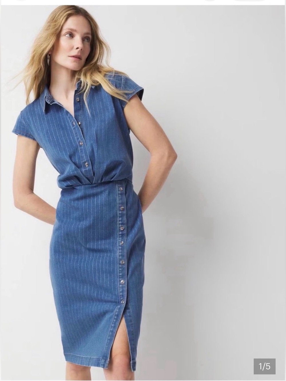 WHBM Cap Sleeve Pinstripe Denim Midi Dress